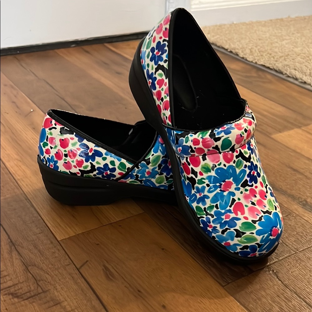Savvy Blue and Pink Mules with Floral Design